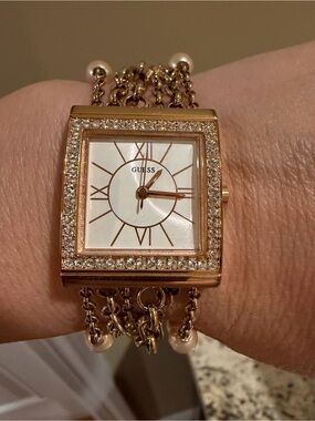 GUESS Rose Gold Crystal-Trim Square Dial Bracelet Watch